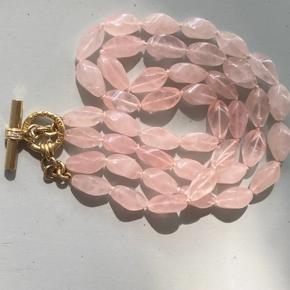 Designer SLANE ~ 18K Yellow Gold ~ Rose Quartz & Diamond Necklace Double Strand - Picture 8 of 16